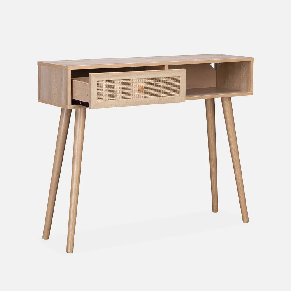 sweeek 100cm Wood & Cane Decor Console Table in Light Brown 3