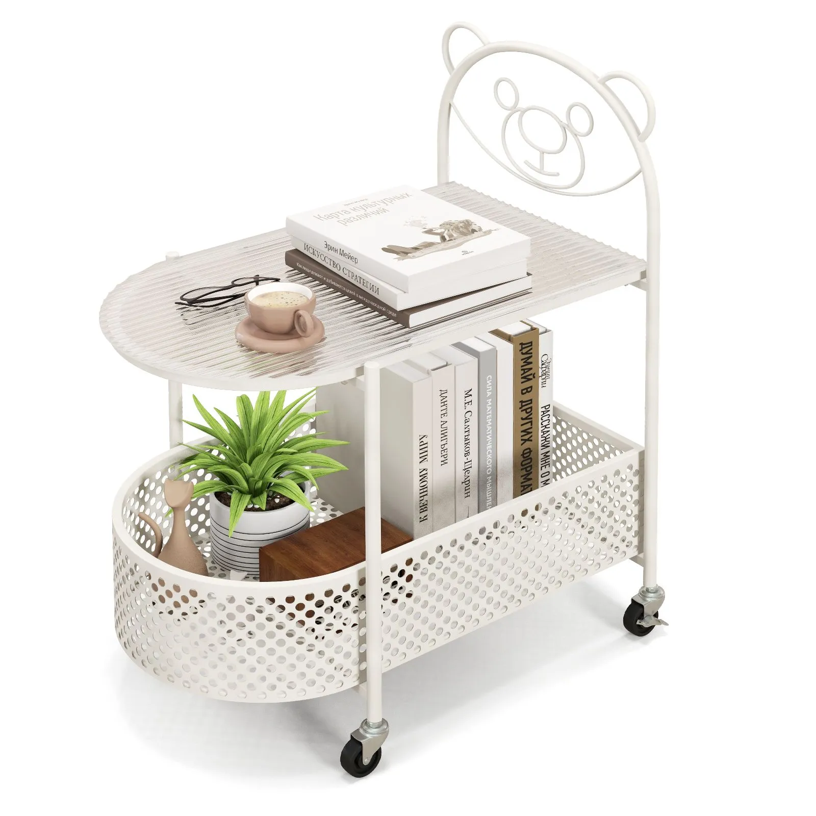 Costway Mobile Glass Coffee Table 2-Tier Modern Cocktail Table-White in White 4