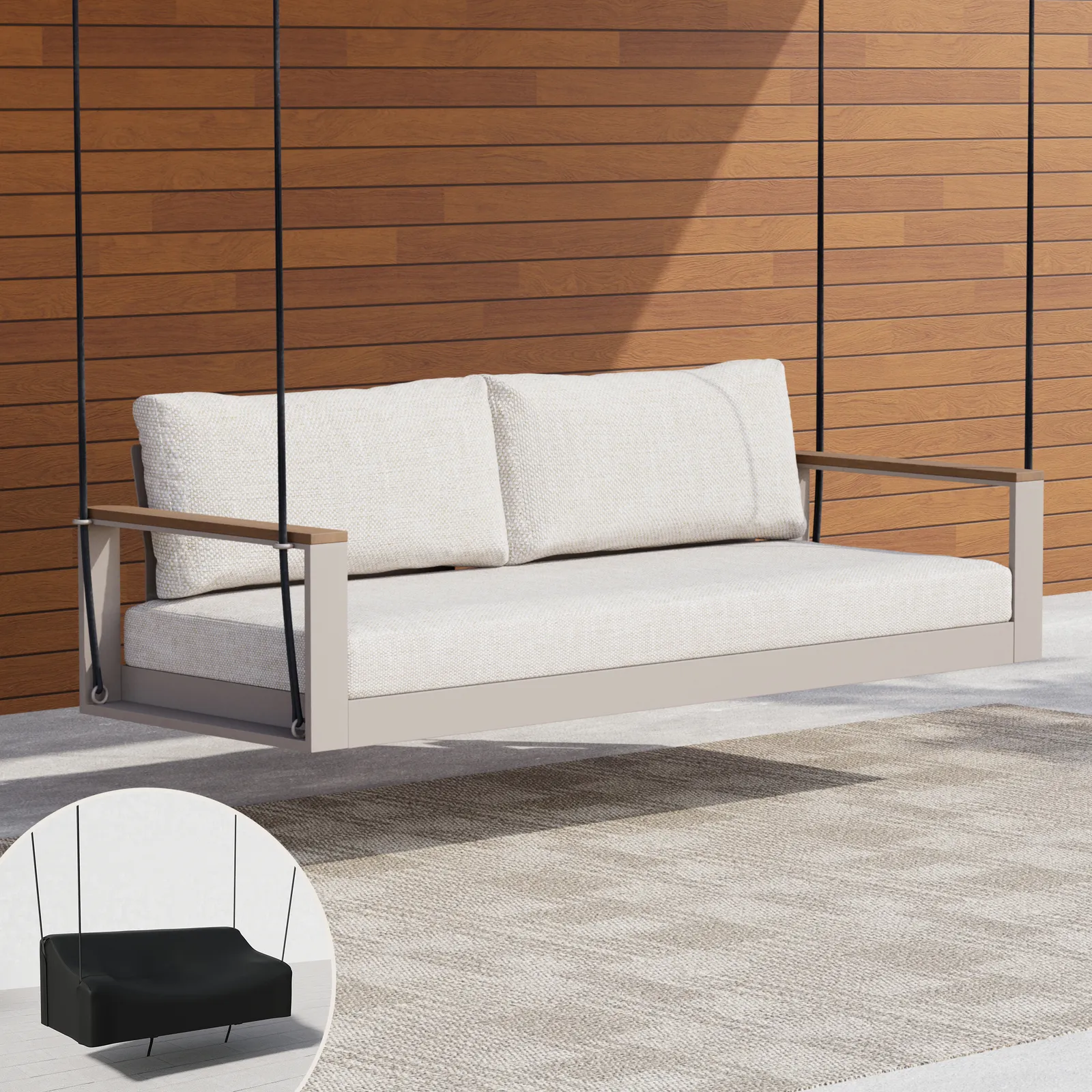 Tevara Outdoor 2-Seater Hanging Swing Sofa in Sand with Black Cover