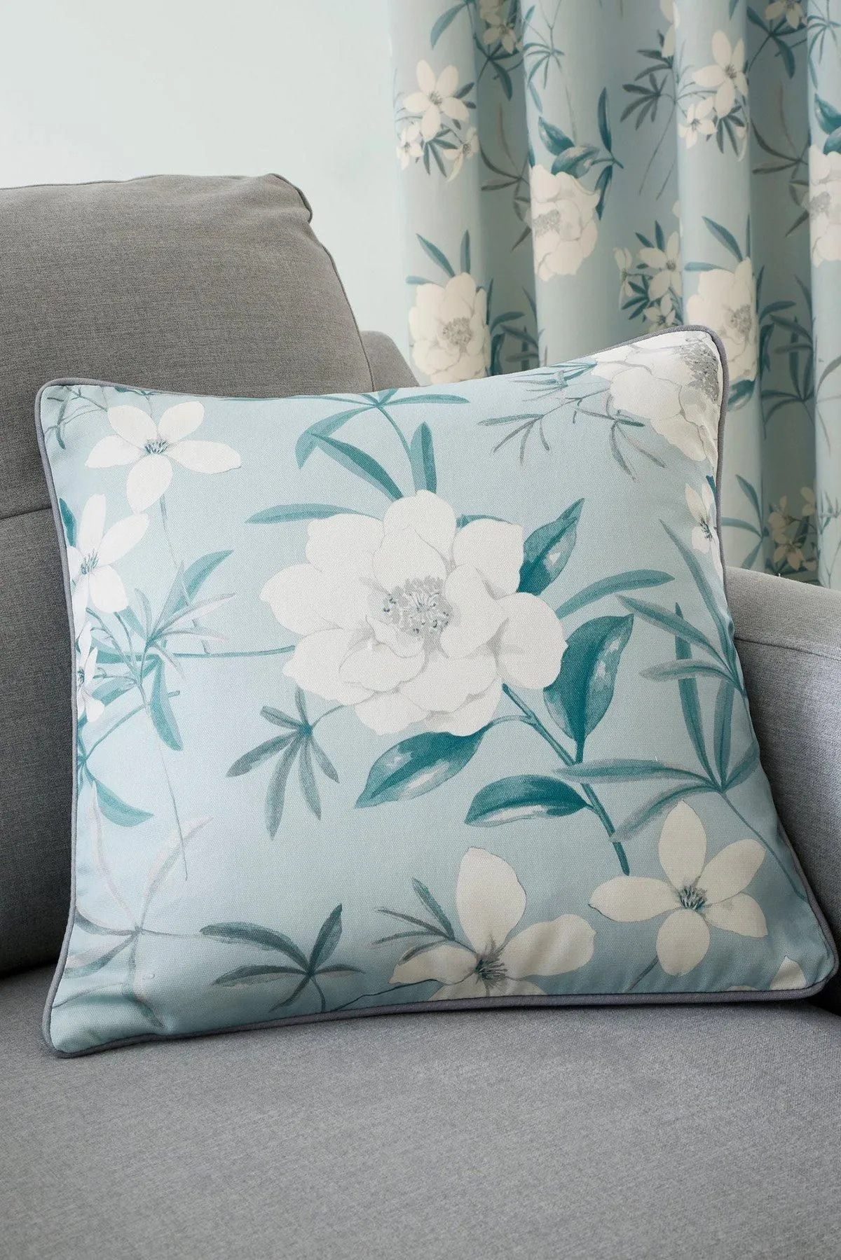 Dreams & Drapes 'Eve' Filled 100% Cotton Cushion With Modern Floral Print in Duck Egg Blue 1