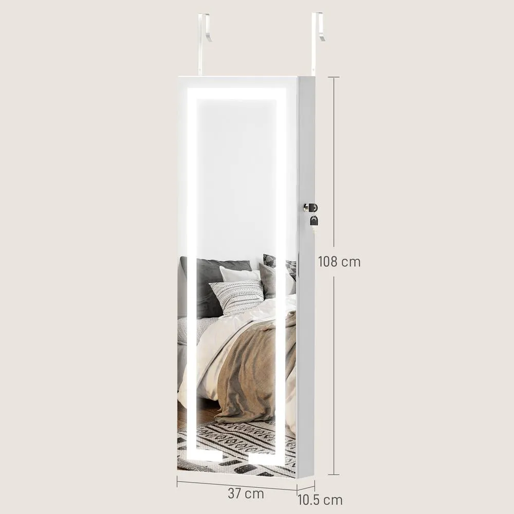 HOMCOM LED Mirror Jewellery Cabinet, Full Length Mirror with Storage, White 3