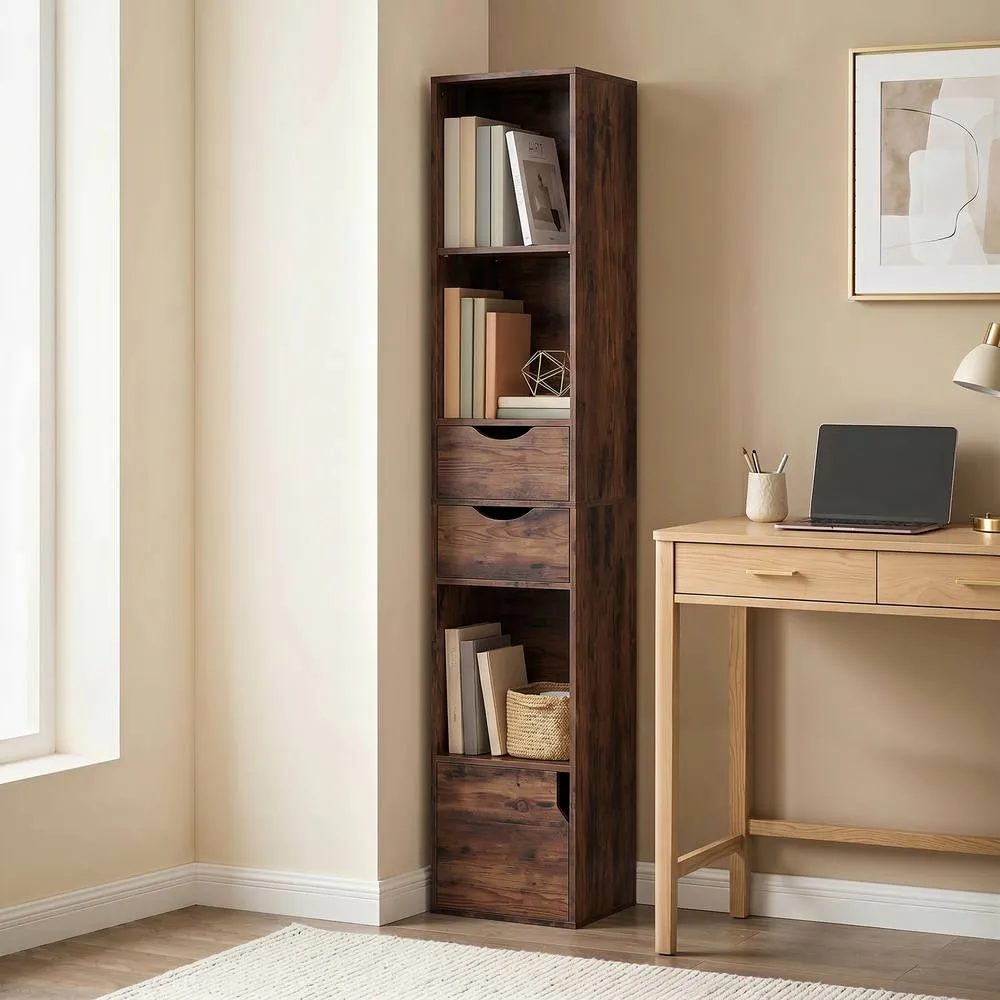 HOMCOM Bookcase with Drawers Adjustable Shelf 158 cm Rustic Brown in Dark Brown