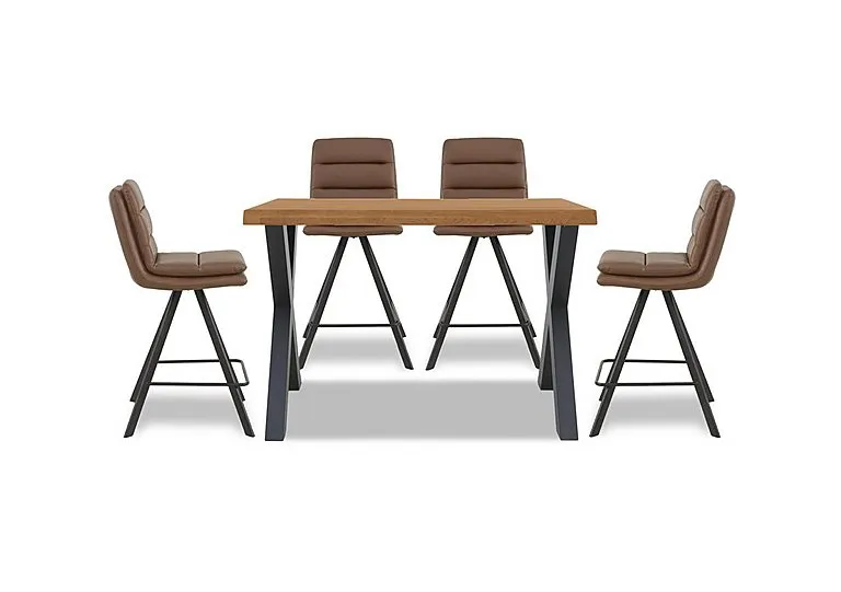 Hades 140cm Straight Edge Table with X Shaped Legs and 4 Njord Tan Faux Leather Swivel Bar Stools