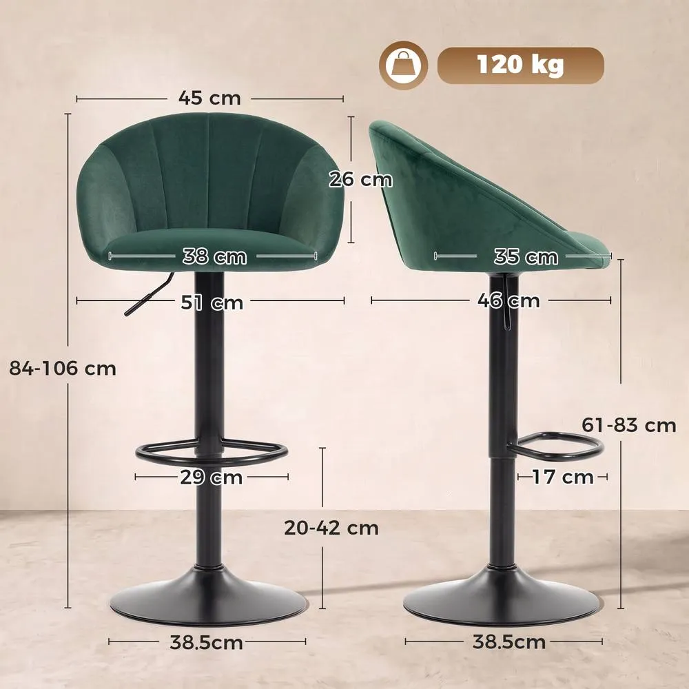 HOMCOM Bar Stools Set of 2 Velvet Adjustable Swivel in Dark Green 3