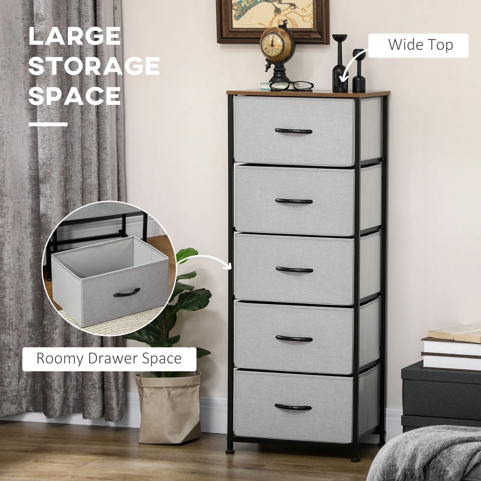 HOMCOM Chest of Drawers Cloth Organizer with 5 Fabric Drawers Steel Frame in Grey 4