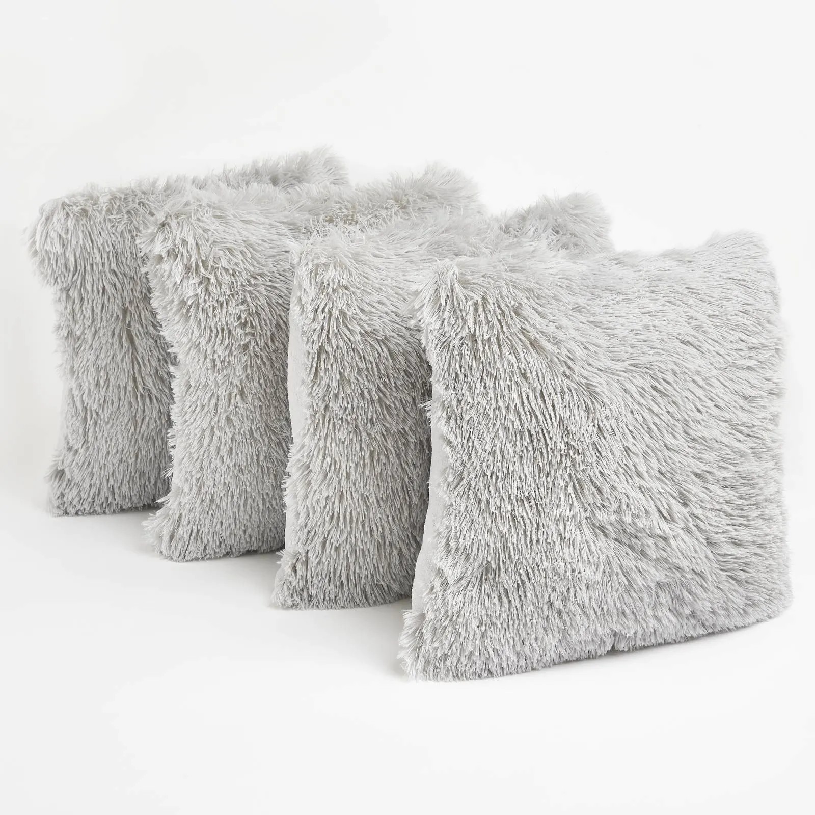OHS Set of 4 Soft Fluffy Shaggy Square Cushion Covers in Light Grey