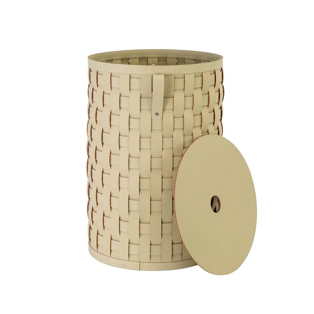 Angel Cerda Sand Regenerated Leather Cylindrical Storage Basket with Lid in Light Sand