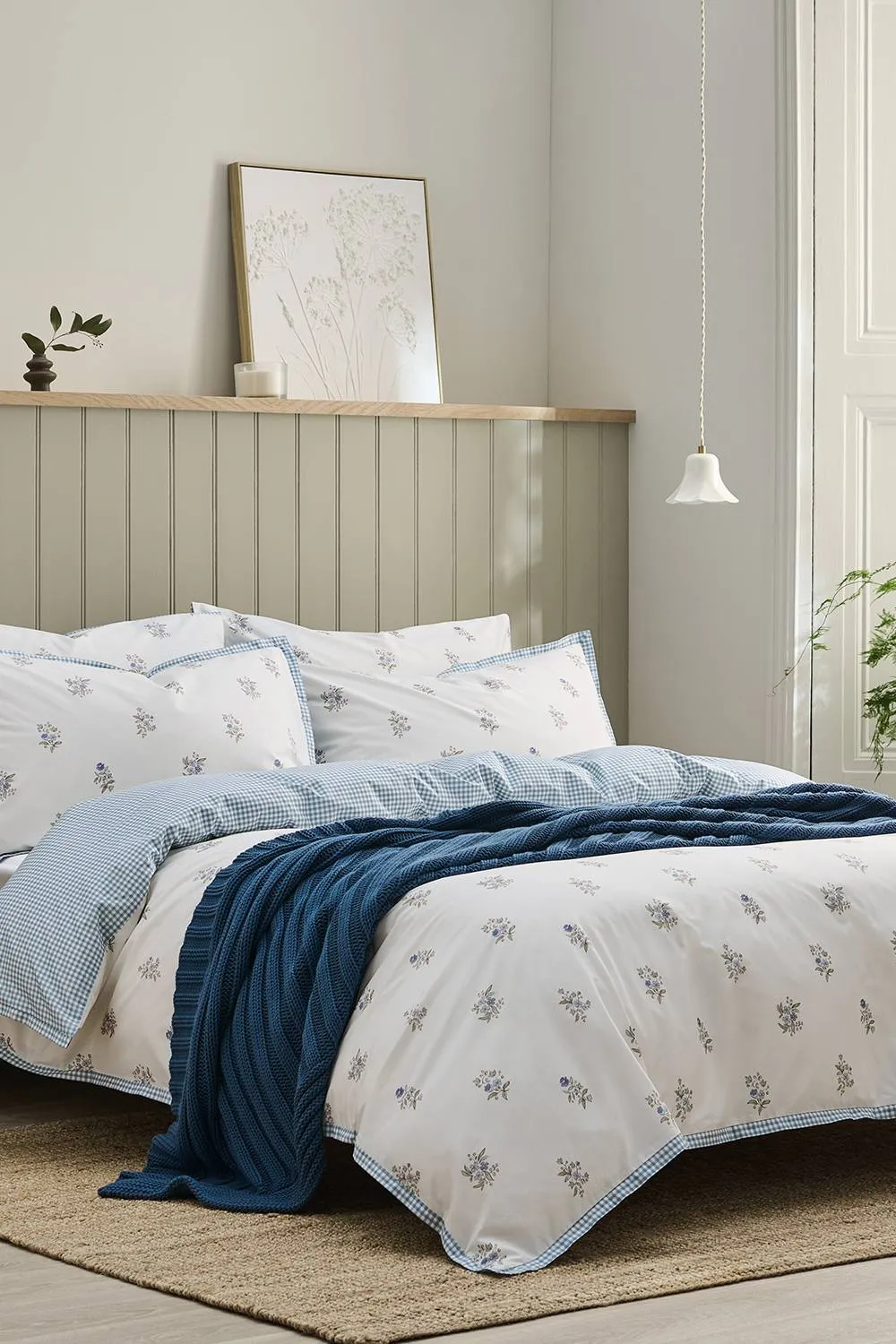CHRISTY 'Guernsey' Floral Check Reversible Cotton Percale Duvet Cover Set in Blue 1