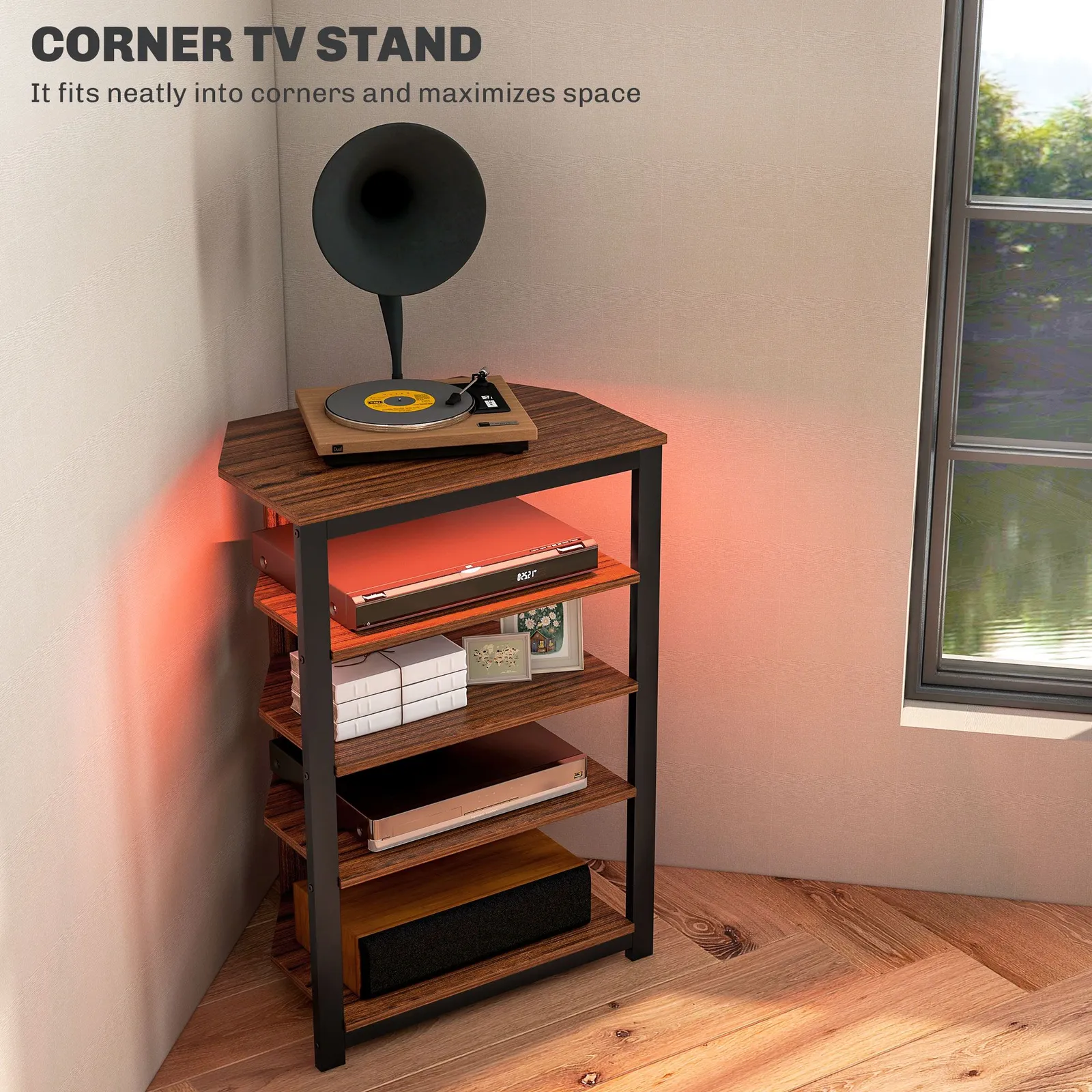 HOMCOM 4-Tier Corner TV Stand with Storage, LED Lights for TVs up to 29" in Brown 4