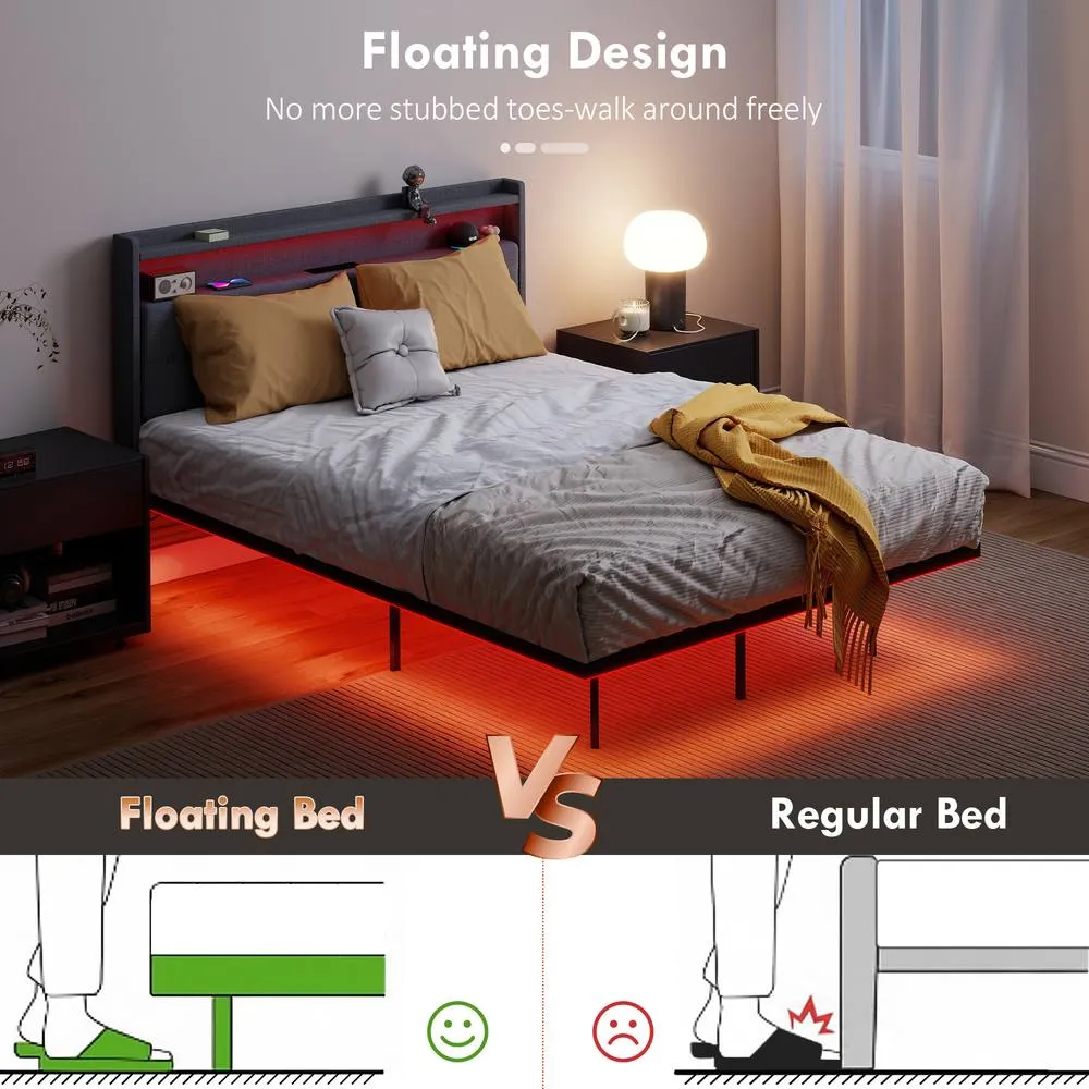 HOMCOM Floating Bed Frame with RGB Lights, Upholstered Double Size Bed, Grey 4