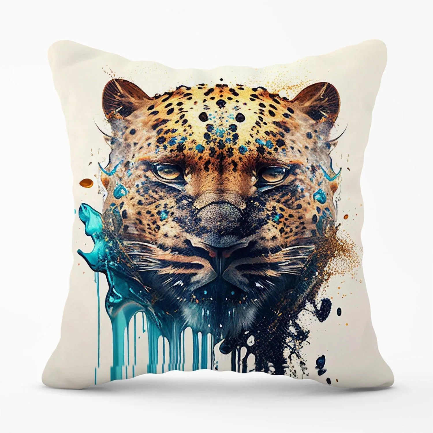 Warren Reed - Designer Leapoard Face Splashart On Light Background Outdoor Cushion in Yellow