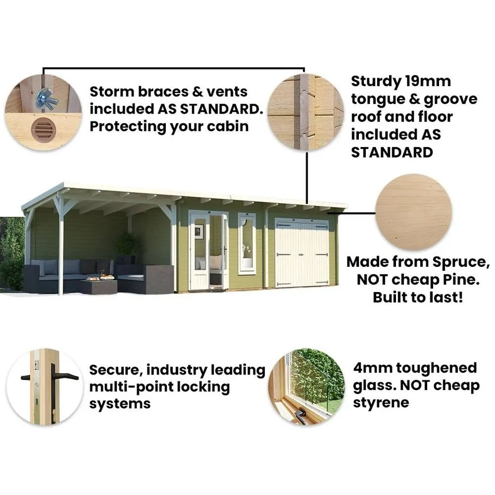 Dunster House Wooden Log Cabin With Gazebo 9.0m x 2.5m, EvilGenius in Beige 5