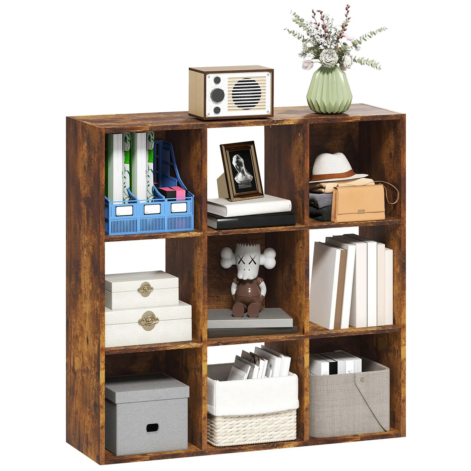 HOMCOM 3-tier Storage Cupboard Bookcase with 9 Cubes, Rustic Brown 2