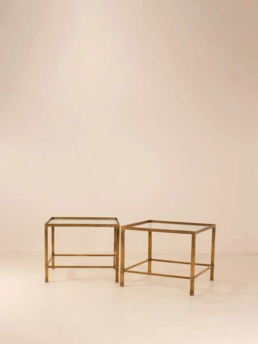 Vintage Pair of Deco Side Tables, Brass and Glass