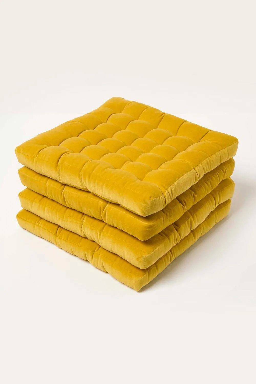 Homescapes 4 Pack Seat Pads Luxury Cotton Velvet Indoor Outdoor Garden Cushion, 40cm in Mustard 1