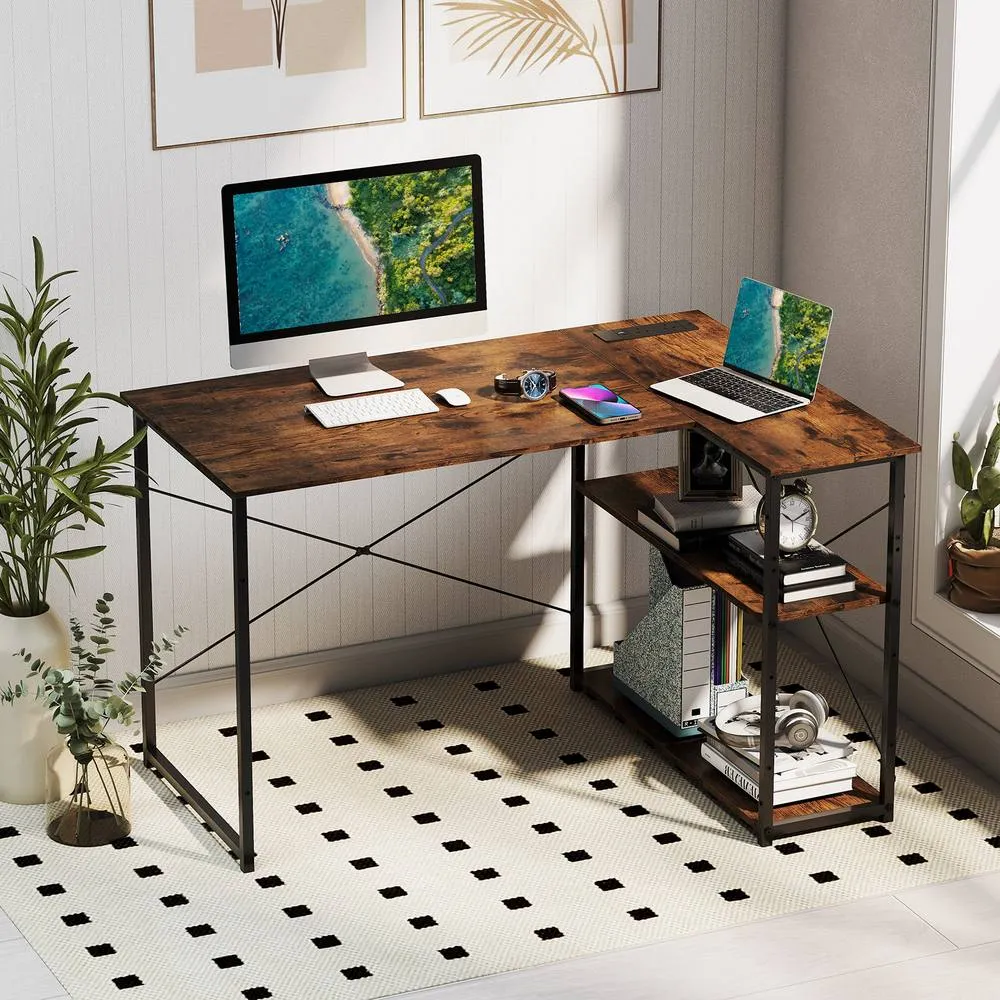 Costway L-shaped Computer Desk w/Power Outlet Workstation w/Reversible Shelves in Brown
