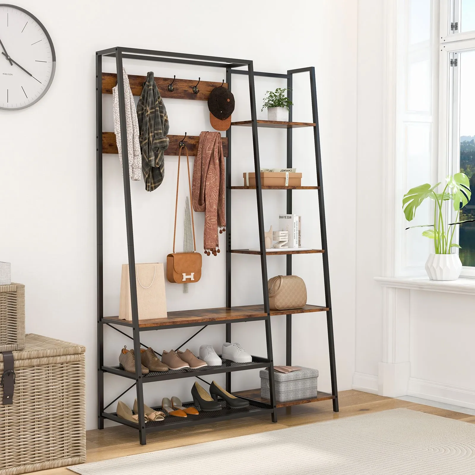 Costway Hall Tree with Storage Bench Industrial Coat Rack Shoe Bench with 9 Hooks in Brown