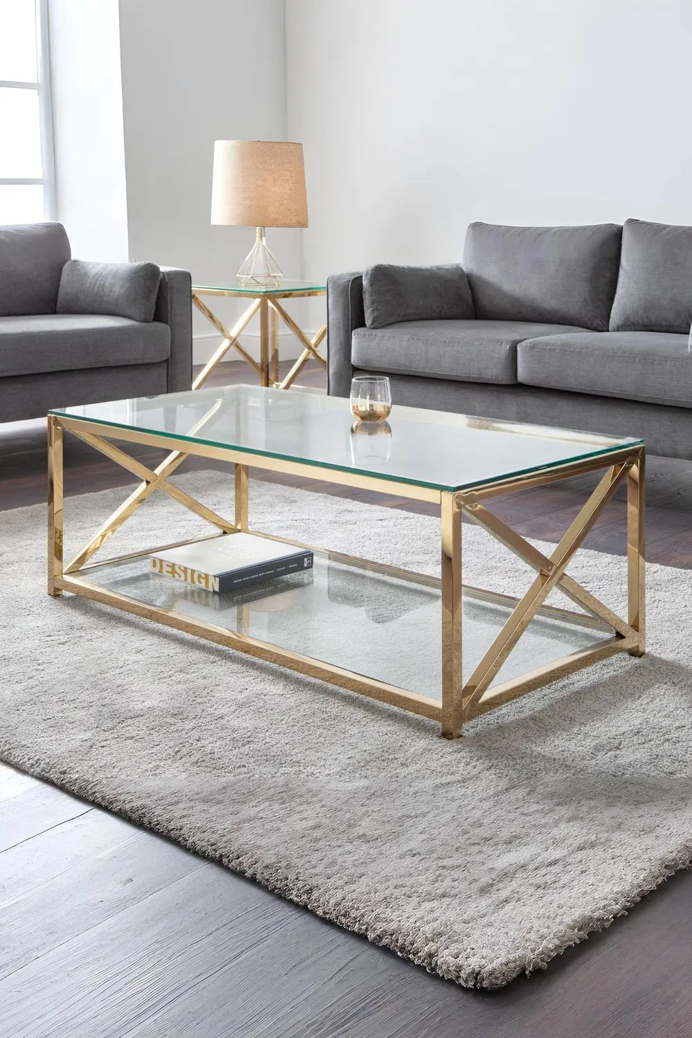 Julian Bowen Miami Glass Top Cross Frame Coffee Table with Shelf in Gold 1