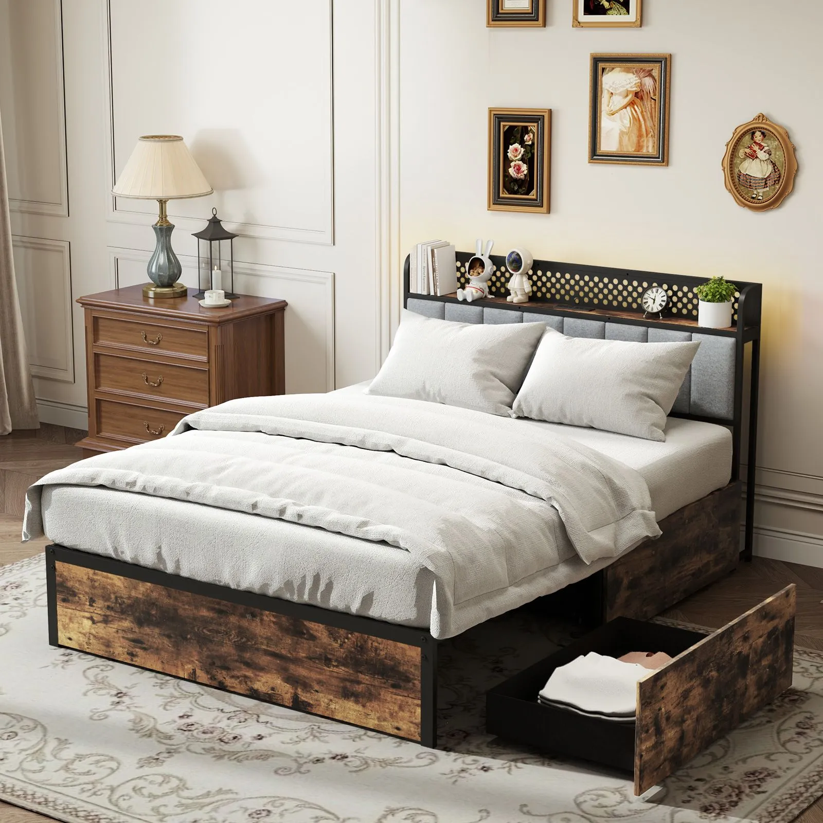 Costway Double Bed Platform Bed with LED Lights & USB Power Outlets in Brown