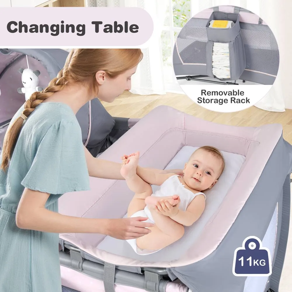 Costway Foldable Pack &Play Portable Baby Playard w/Rocking Bassinet&Music Box in Pink 5