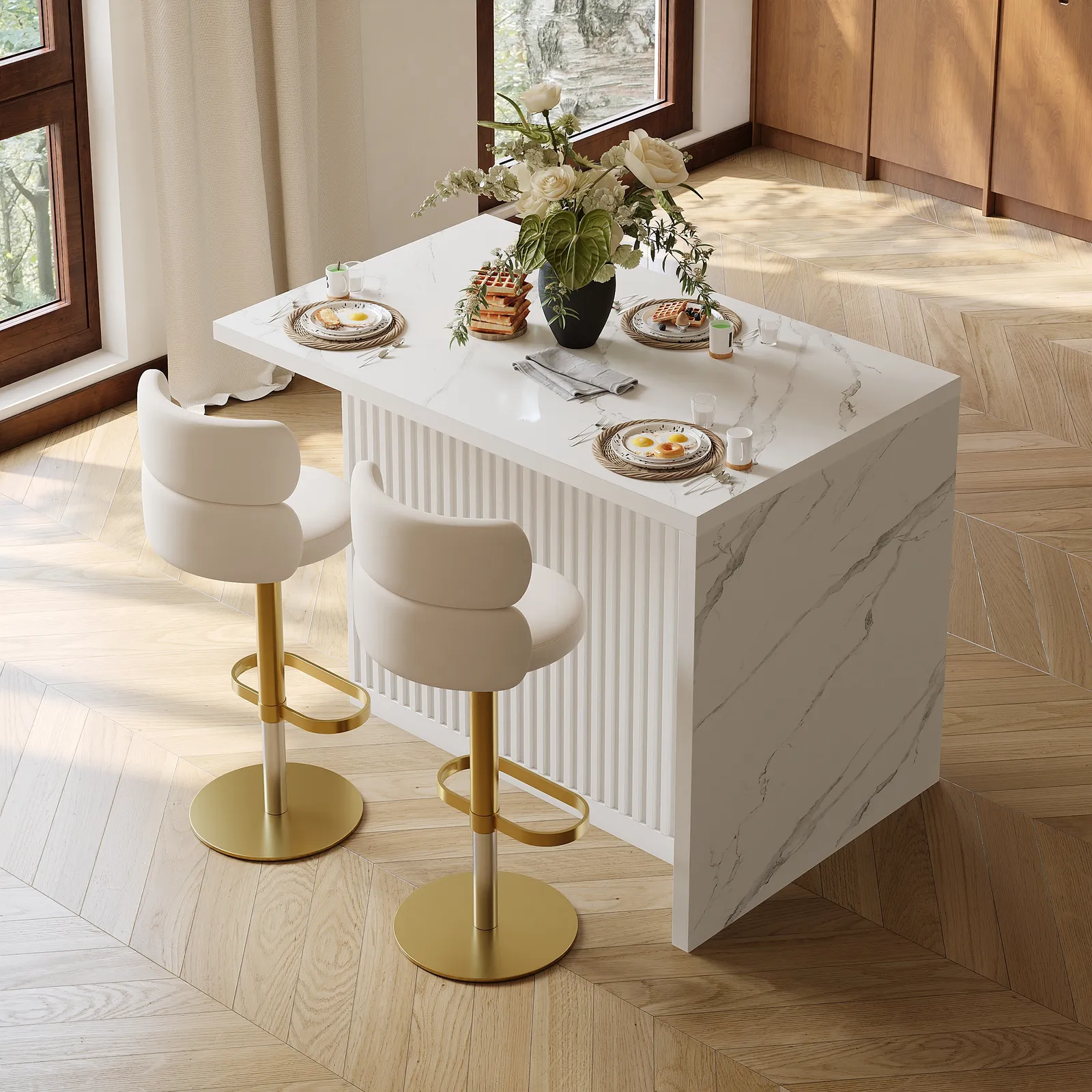 127 cm Modern Style Marble Veneered Top Kitchen Islands with Ample Storage Space White