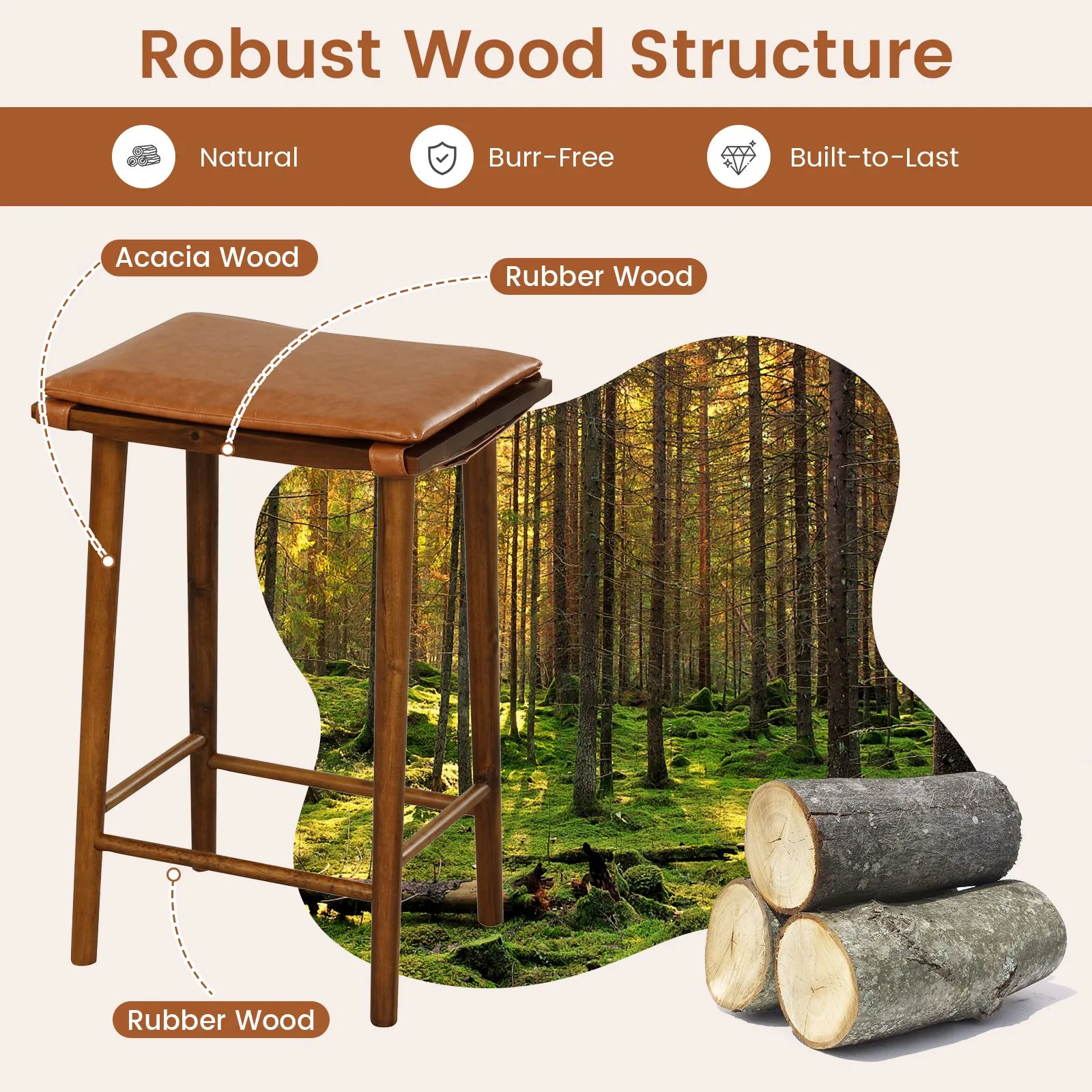 Costway Set of 2 Bar Stools Counter Height Stools Saddle Seat Stool with Solid Wood Legs in Brown 4