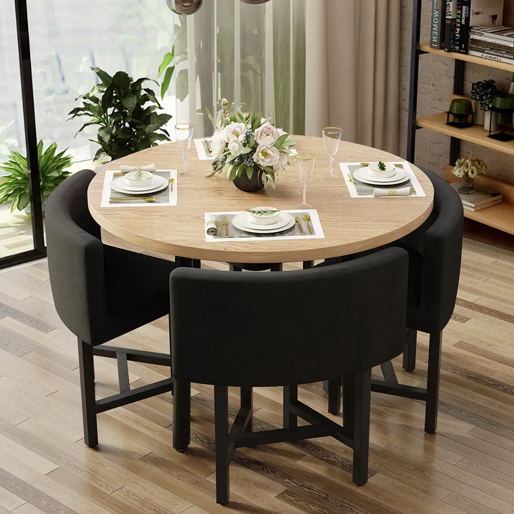 Dining Table Set 39.4" Round Wood Dining Table & 4 Gray Upholstered Dining Chairs