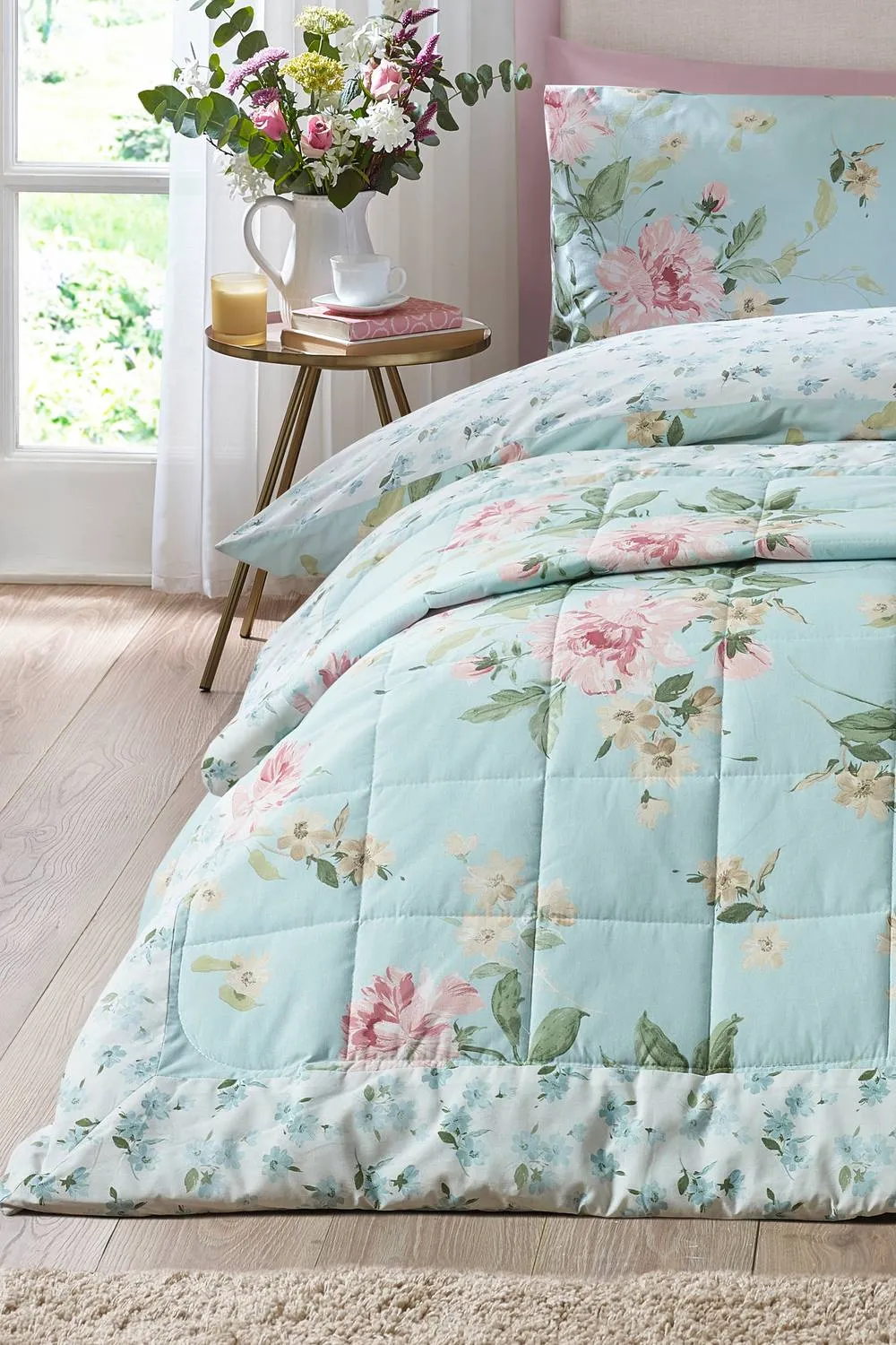 Catherine Lansfield 'Avebury Floral' Reversible Quilted Bedspread in Duck Egg Blue