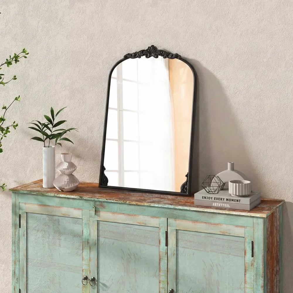 Costway Wall Mirror 76 cm x 51cm Arched Mirror w/ Baroque Ornate Frame in Black 2