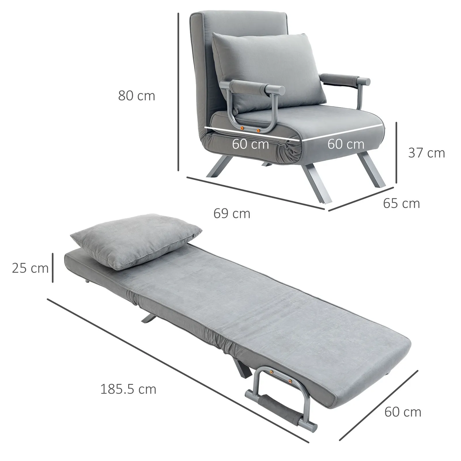 HOMCOM Single Folding 5 Position Convertible Sleeper Chair Bed in Light Grey 3