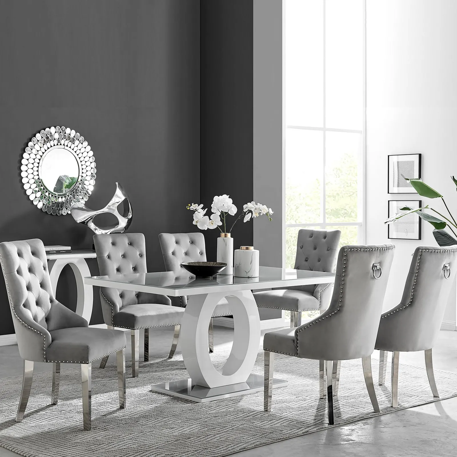 FurnitureboxUK Giovani 6-Seater Grey Glass Dining Table & 6 Belgravia Velvet Dining Chairs