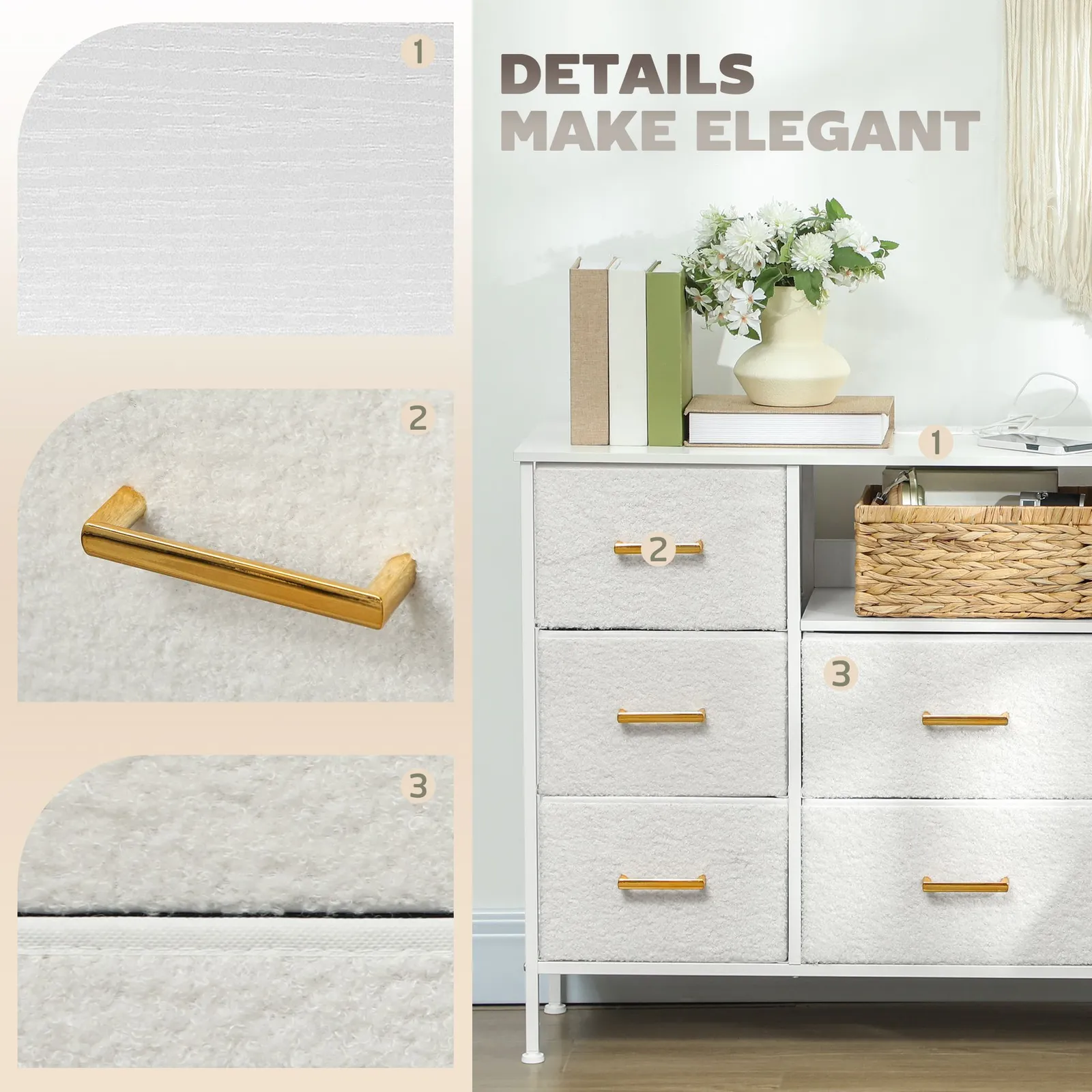 HOMCOM Boucle Chest of Drawers, 2 USB & 2 AC Ports, 8 Drawers Dresser in White 5