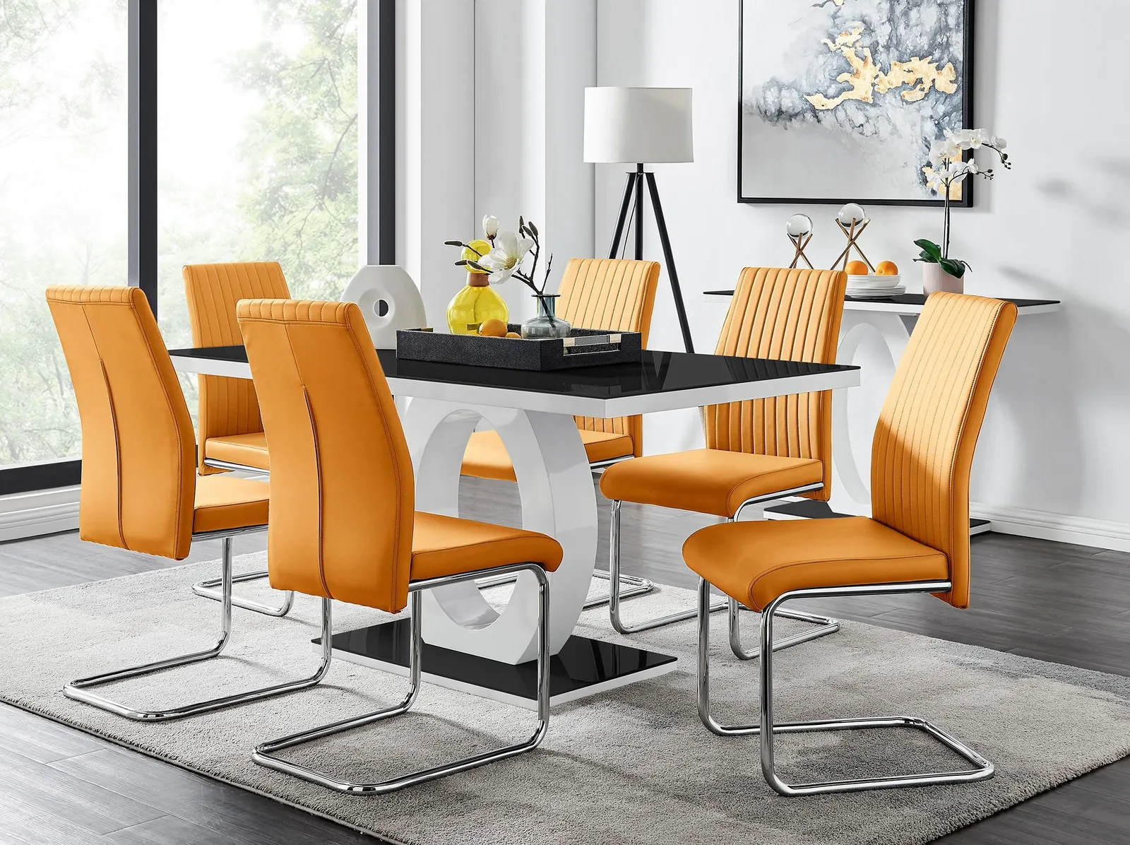 FurnitureboxUK Giovani High Gloss & Glass Dining Table & 6 Lorenzo Chairs Set in Mustard 1