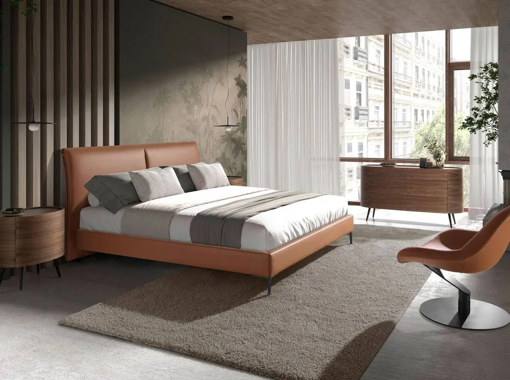 Angel Cerda Brown Leatherette Double Bed Pine Base, Steel Legs 4