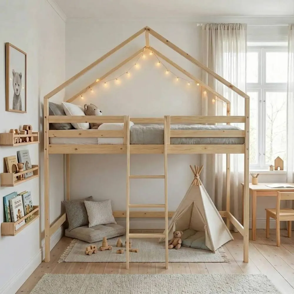 sweeek Children's loft bed cabin natural pine 90 x 190 cm in Beige 3