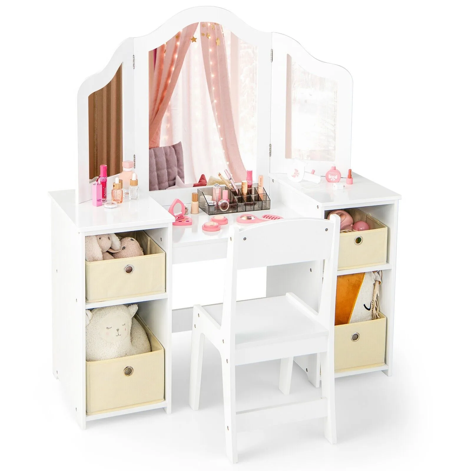 Costway 2-in-1 Dressing Table & Chair Set Vanity Table Desk w/ Removable Mirrors in White