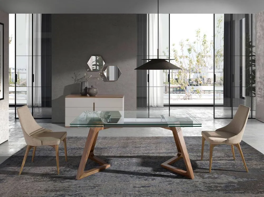 Angel Cerda Rectangular Tempered Glass Extending Dining Table in Walnut 3