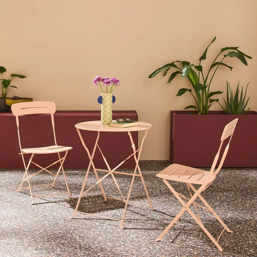 sweeek Round bistro garden table, steel, folding + 2 chairs in Pink 3