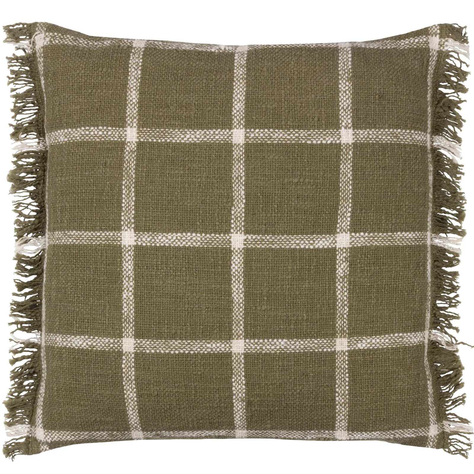 Yard Beni Check 100% Cotton Fringed Cushion in Green 2