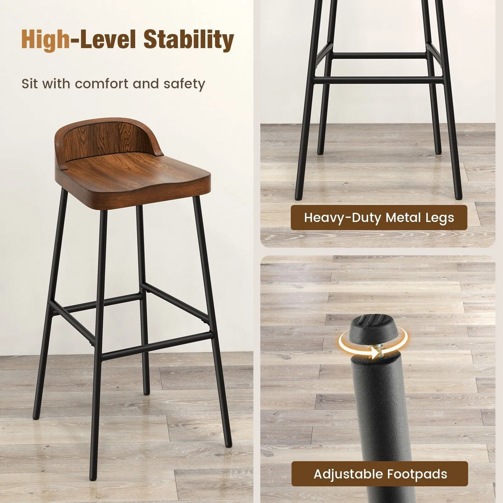Costway Set of 2 Industrial Bar Stools Tall Kitchen Stools Breakfast High Chair Low-Back in Brown 5