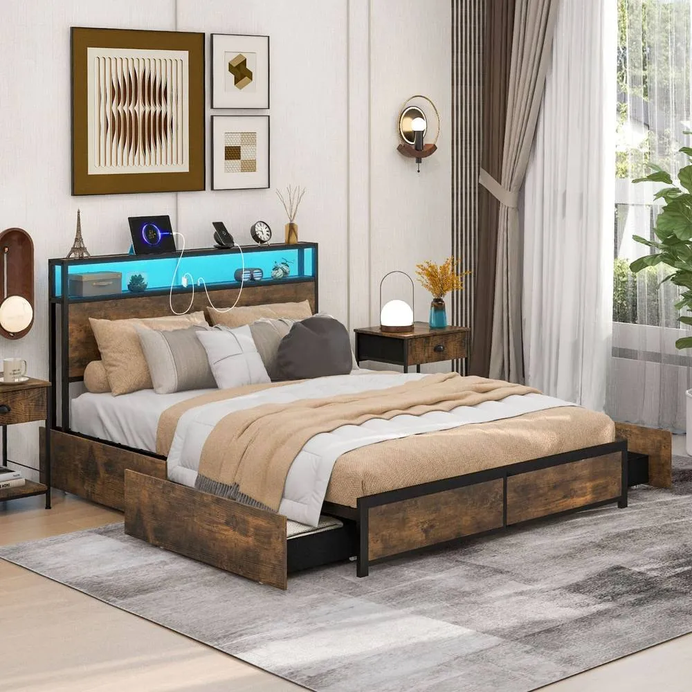 Costway King Size Bed Frame Metal Bed Platform LED Lights Headboard in Black 2