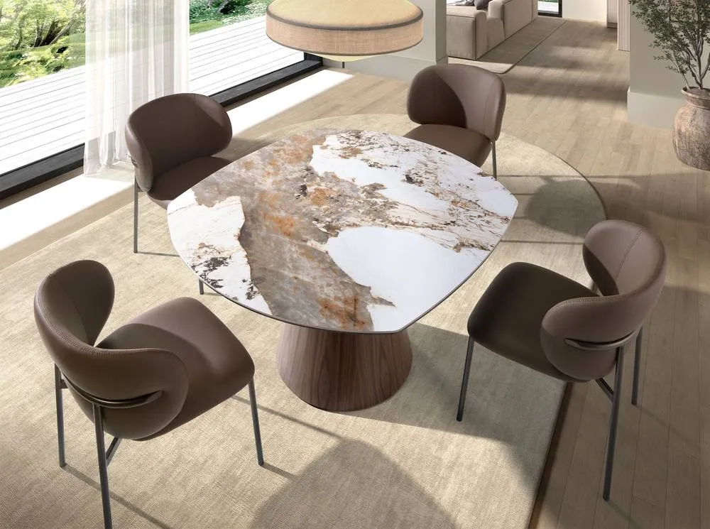 Angel Cerda Oval Extendable Dining Table with Porcelain-Marble Top & Walnut Legs in White 3