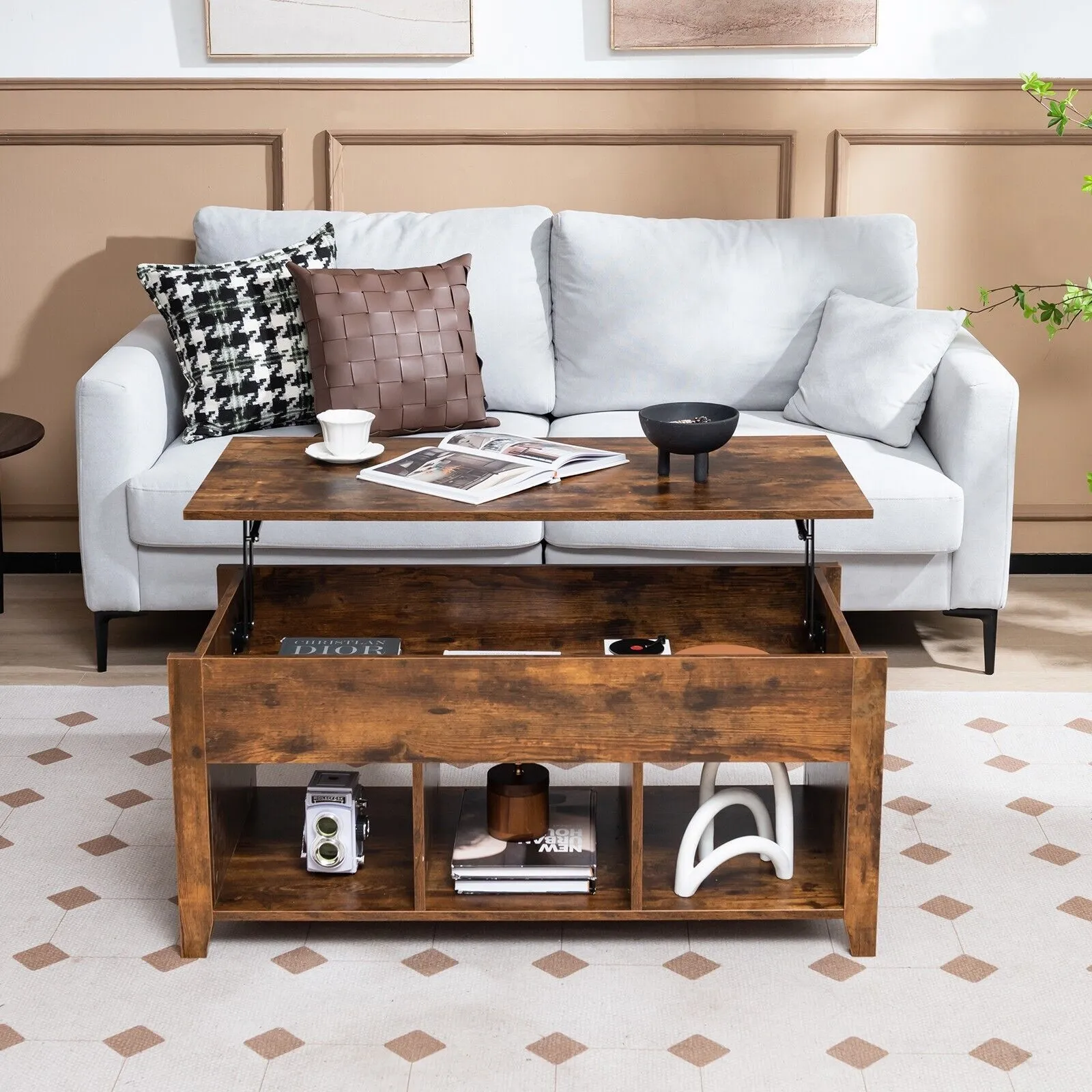 Costway Lift Top Coffee Table Modern Wooden Lift Top Dining Cocktail Table Living Room in Brown 4