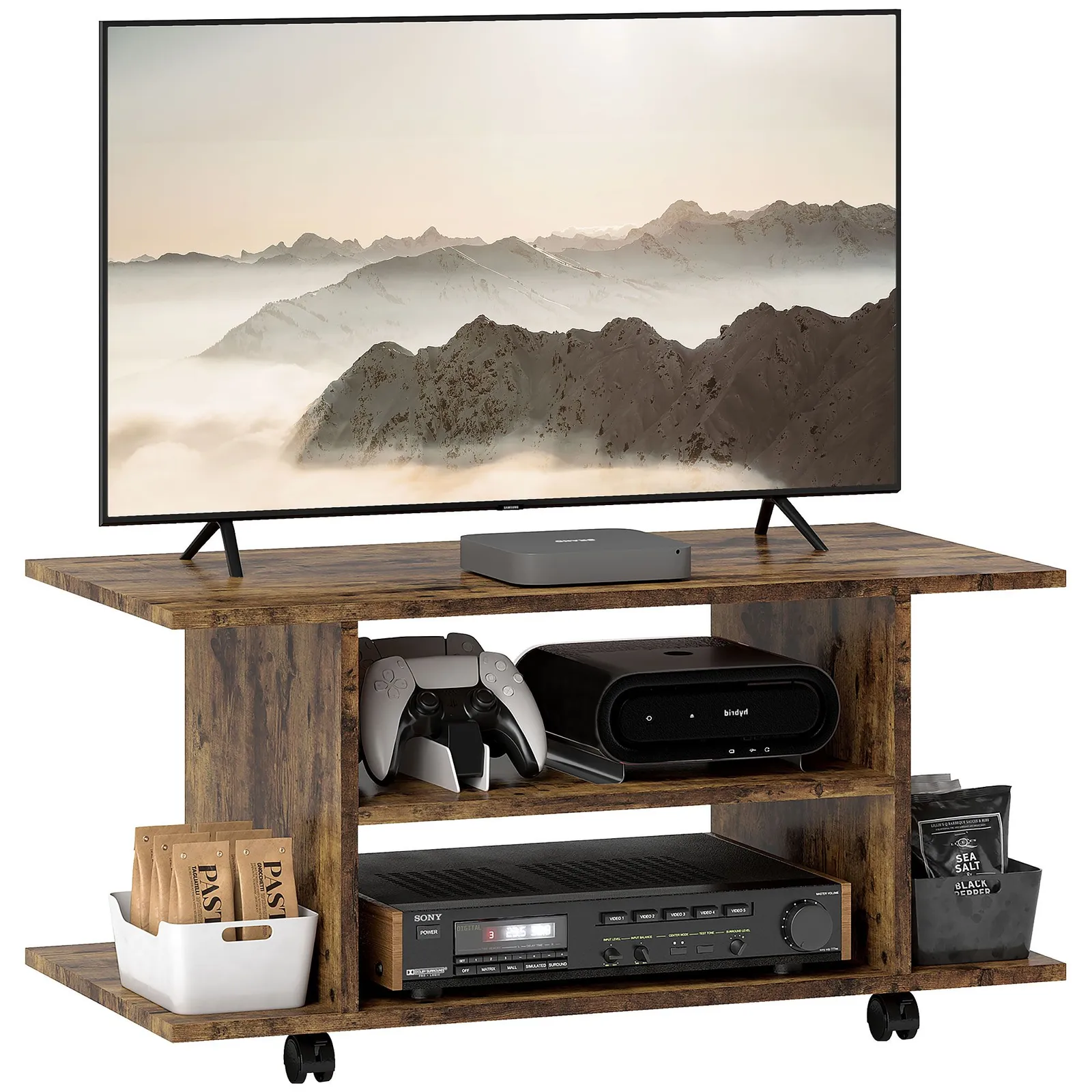 HOMCOM Modern TV Cabinet Stand Storage Shelves Table Mobile Rustic Brown 2