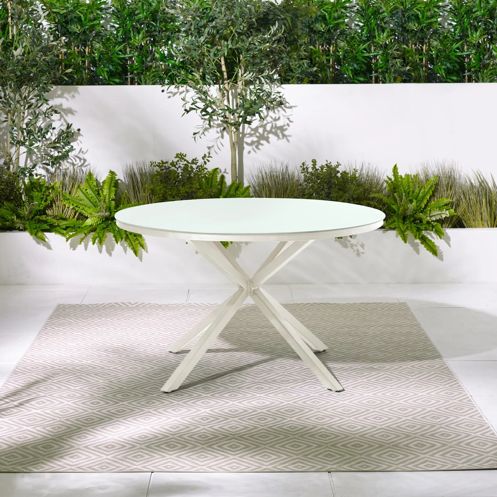 FurnitureboxUK Nanterre Metal & Glass Round Outdoor Dining Table in Cream 1