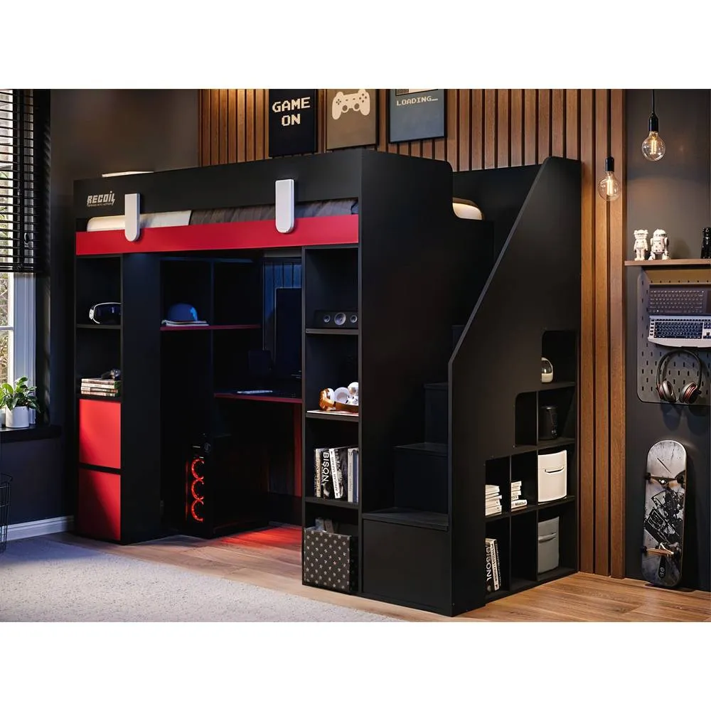 Flair Blaze Staircase Gaming High Sleeper with Storage Black & Red