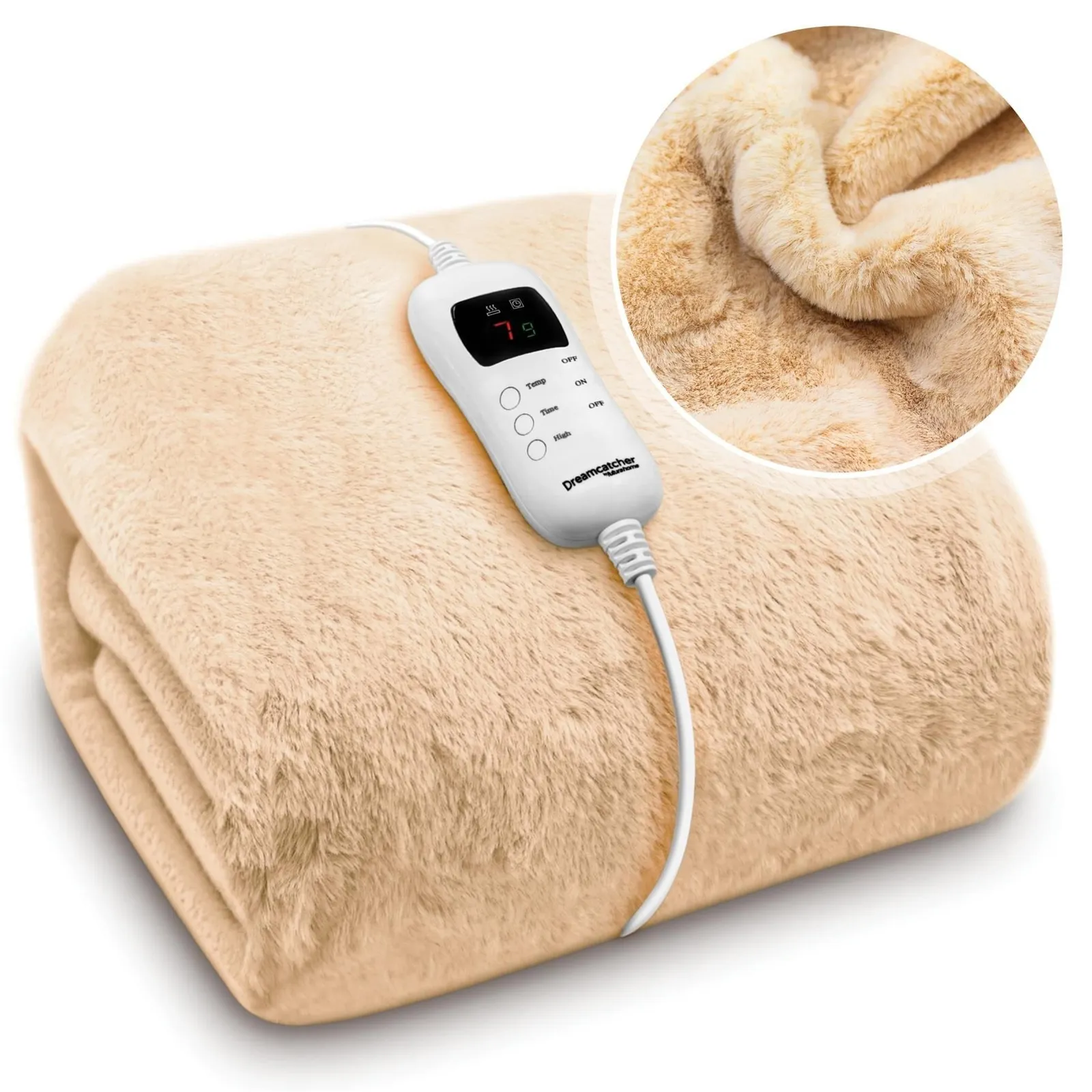 Dreamcatcher Electric Heated Blanket Throw Soft Fleece Faux Fur Polyester Washable Overblanket 9 Timer & Heat Settings 160 x 130cm