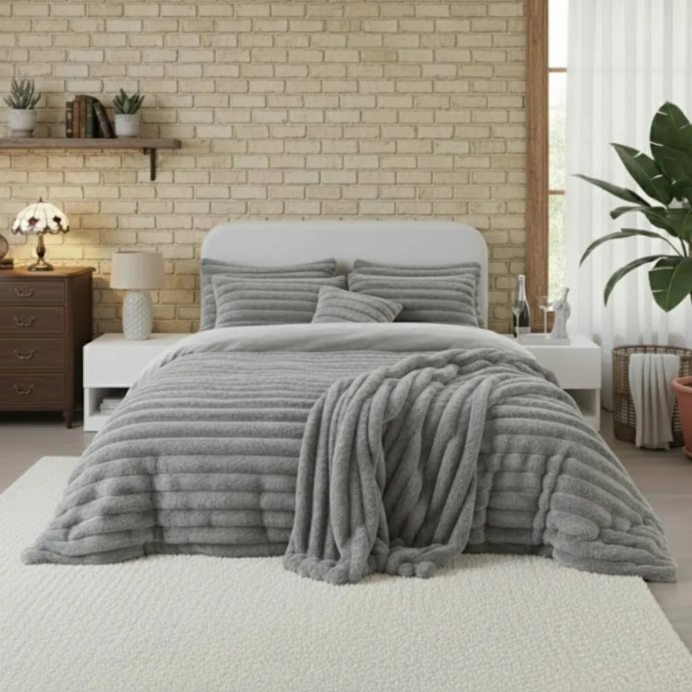 Snug City Luxury Teddy Cord Design Bedding Set Ultra Soft Cozy Stylish Comfort in Silver