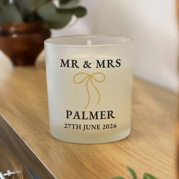 Personalised Mr and Mrs Bow Frosted Candle 2