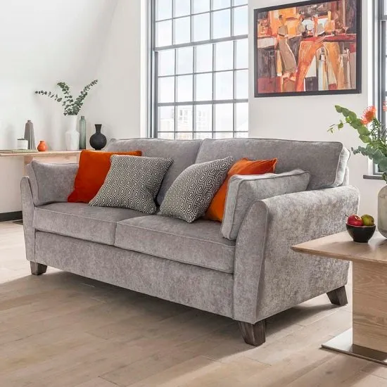 Barresi Chenille Fabric Three Seater Sofa In Silver Finish